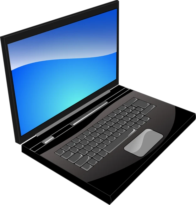 a black laptop computer with a blue screen, a computer rendering, by Andrei Kolkoutine, pixabay, computer art, side view centered, sunken, onyx, micropohone