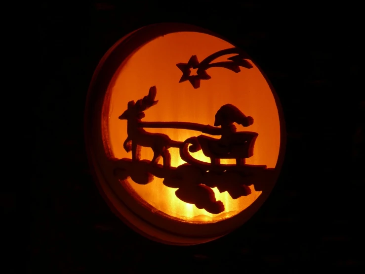 a carved pumpkin in the shape of a man and a woman sitting at a table, by Stefan Gierowski, flickr, silhouette of a girl and her cat, lanterns on the porch, round window, goat