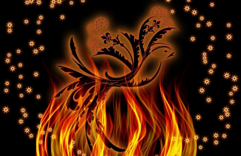 a close up of a fire with snowflakes in the background, digital art, inspired by Rodney Joseph Burn, hurufiyya, surrealistic bird, black magic spells, ''wallpaper of a phoenix resting, celtic