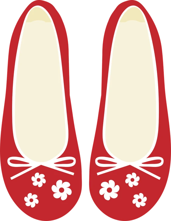 a pair of red shoes with flowers on them, inspired by Kōno Bairei, pixabay, sōsaku hanga, flattened, disney!!, flat - color, ballerina