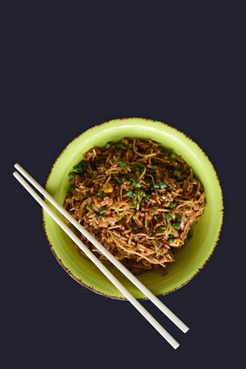 a green bowl filled with noodles and chopsticks, dau-al-set, intertwined full body view, sichuan, image, enhanced