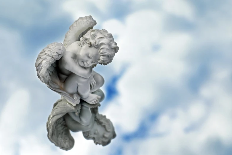 a statue of an angel flying in the sky, a statue, by Marie Angel, baroque, reflexions, cherub, clouds swirling, benjamin vnuk