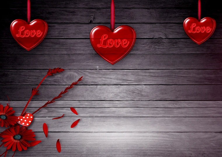 a bunch of red hearts hanging on a wooden wall, a picture, inspired by János Valentiny, trending on pixabay, animation style render, flower, on a gray background, edited in photoshop