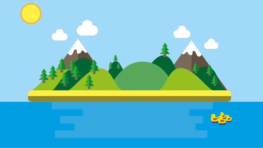 a small island in the middle of a body of water, an illustration of, shutterstock, figuration libre, mountain forest in background, simple 2d flat design, 4 k hd wallpaper illustration