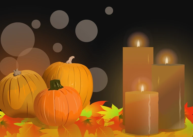 a group of candles sitting on top of a table, a digital painting, by Tom Carapic, digital art, pumpkins, no gradients, leaf, viewed from the side