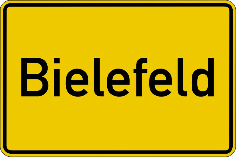 a yellow sign with the word bielefeld on it, a stock photo, shutterstock, berlin secession, in white lettering, no helmet!!!!, sleet, bridge