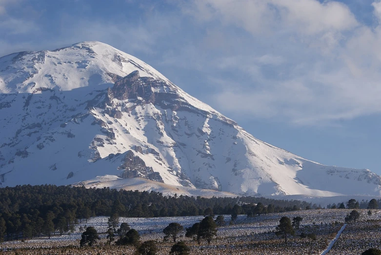 a snow covered mountain with trees in the foreground, flickr, hurufiyya, volcanos, wikimedia commons, crisp smooth lines, banner