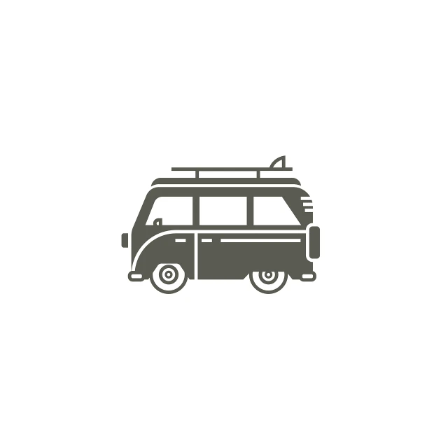 a van with a surfboard on top of it, a picture, minimalism, pictogram, carriage, camp, stamp