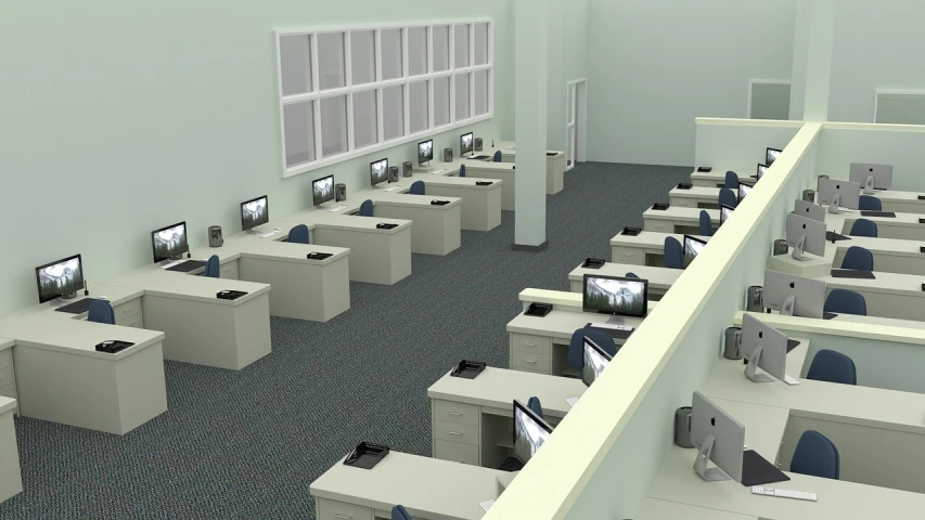 a room filled with lots of desks and computers, a computer rendering, neoclassical police station, working in a call center, full-length view, sparse room