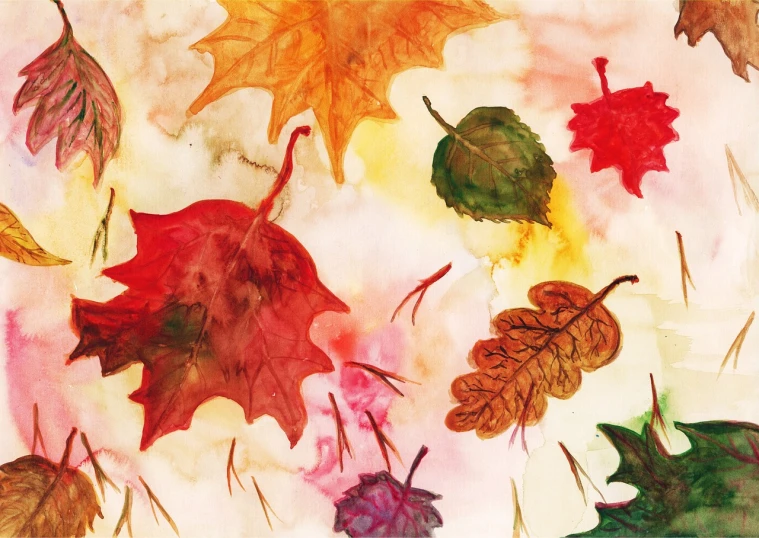 a close up of a painting of leaves, a watercolor painting, by Rainer Maria Latzke, autumn leaves background, flying leaves on backround, montage, oaks