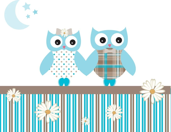 a couple of owls sitting on top of a fence, vector art, folk art, blue clothes, scrapbook paper collage, a beautiful artwork illustration, daisy