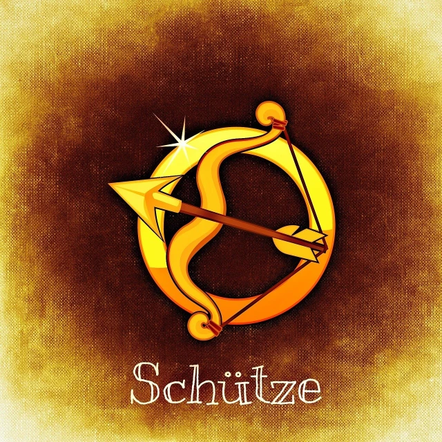 a picture of a zodiac sign with an arrow, a digital rendering, by Georg Scholz, deviantart, viennese actionism, romance book cover, ochre, letter s, alicization