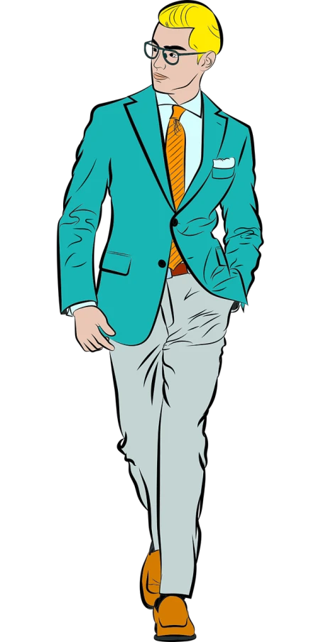 a man in a blue suit and orange tie, vector art, inspired by Allen Jones, trending on pixabay, pop art, sea - green and white clothes, on black background, luxury fashion illustration, archie comic style
