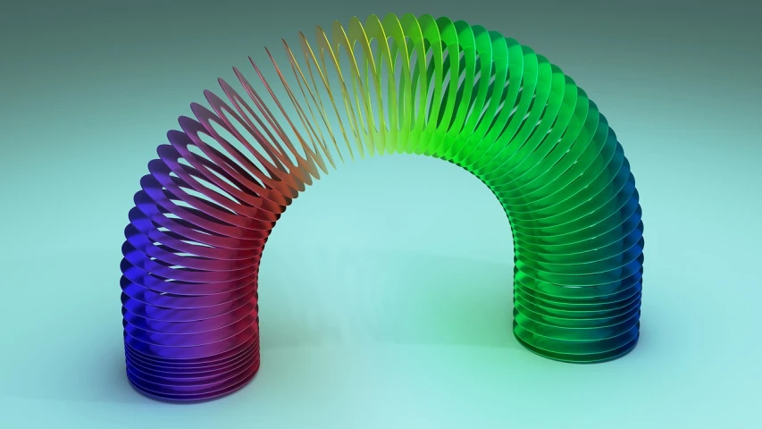 a rainbow colored object sitting on top of a white surface, an abstract sculpture, polycount, kinetic art, spines, arch, optical illusion art, curved