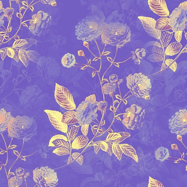 a pattern of flowers and leaves on a purple background, a digital rendering, inspired by Katsushika Ōi, touches of gold leaf, translucent roses ornate, blue - print, beijing