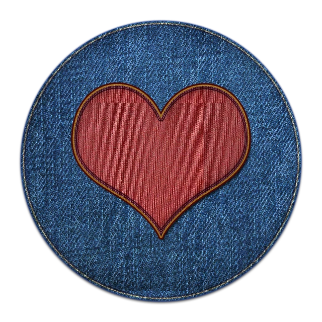 a blue button with a red heart on it, a digital rendering, inspired by Juan O'Gorman, pexels, art brut, jeans, circular shape, on black background, shoulder patch design