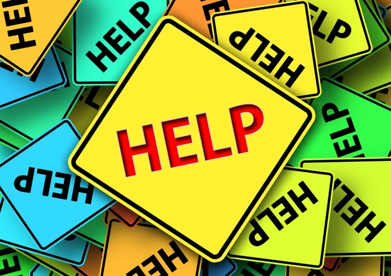 a pile of street signs with the word help written on them, a picture, by Francis Helps, shutterstock, clip art, illustration”, attention, ad image