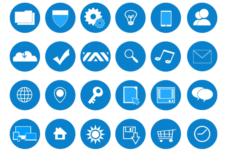 a bunch of white icons on a blue background, pixabay, digital art, samsung smartthings, blue and black color scheme, screenshots, tileset asset store