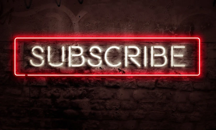 a neon sign that says subscribe on a brick wall, by Matija Jama, trending on pixabay, lit from below with red lighting, trailer, a wooden, subjugation of humans