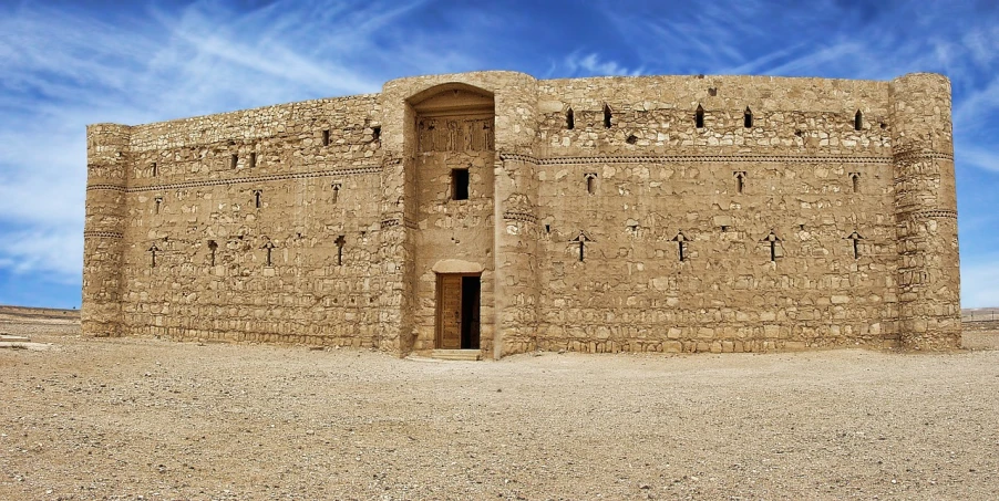 a stone building sitting in the middle of a desert, a portrait, by Thomas Barker, flickr, panoramic photography, castle wall, 3 doors, persian style architecture