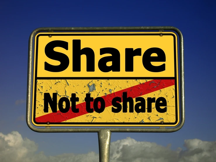a yellow and black sign that says share not to share, a picture, by Kurt Roesch, shutterstock, square, no gradient, pub, shame