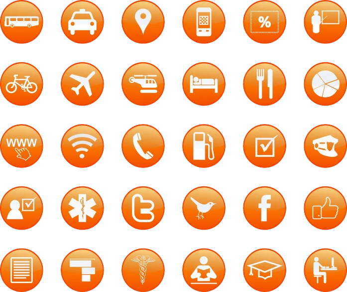 a bunch of orange buttons on a black background, by Matt Stewart, flickr, digital art, corporate phone app icon, orange and white color scheme, tourist destination, glyphs