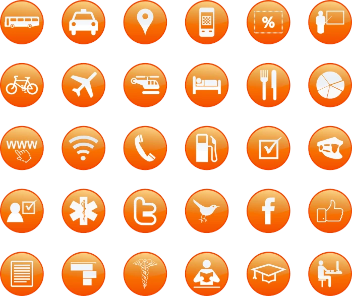 a bunch of orange buttons on a black background, by Matt Stewart, flickr, digital art, corporate phone app icon, orange and white color scheme, tourist destination, glyphs
