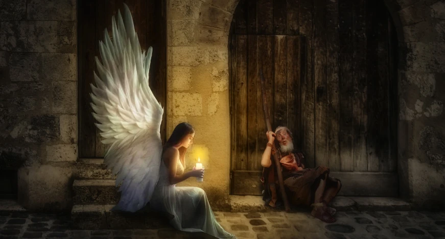 a woman sitting next to an angel holding a candle, by Grzegorz Rutkowski, pixabay contest winner, fantasy art, old man, talking, sylvain sarrailh and igor morski, with wings