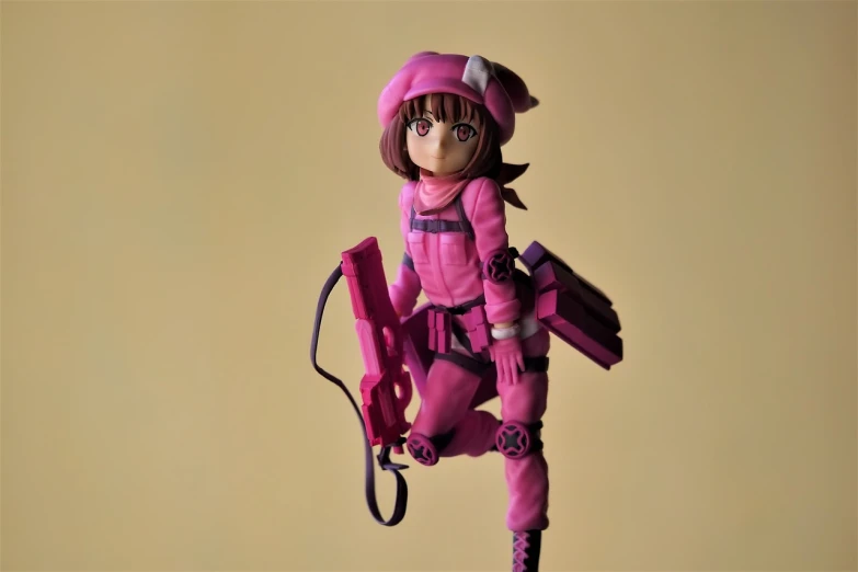 a close up of a figurine of a person with a gun, a picture, by Miyamoto, figuration libre, humanoid pink female squid girl, kawaii swat team, material is!!! plum!!!, various poses shooting photos