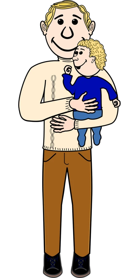 a man holding a baby in his arms, a digital rendering, inspired by Tomi Ungerer, pixabay, sōsaku hanga, on a flat color black background, dressed casually, wikihow illustration, from family guy