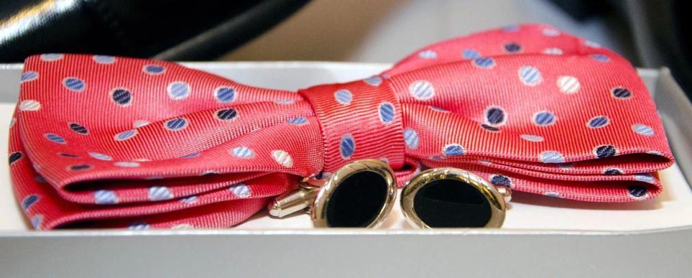 a red bow tie with a pair of sunglasses on it, detail shots, presenting wares, polkadots, product display photograph