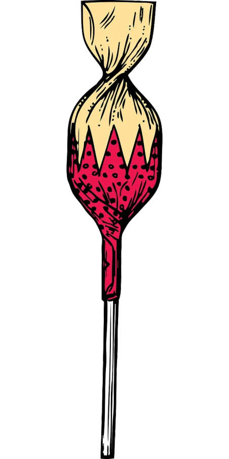 a red and yellow lollipop lollipop lollipop lollipop lollipop lollipop lollipop lollipop, a digital rendering, inspired by Slava Raškaj, reddit, pop art, she holds a glass of wine, long pointy pink nose, colored woodcut, bottom view