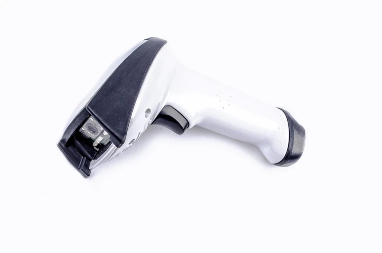 a close up of a hair dryer on a white surface, modern very sharp photo, barcode, close-up product photo, plasma gun