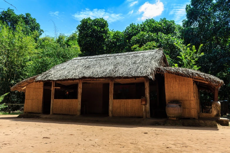 a small hut sitting in the middle of a dirt field, a portrait, shutterstock, barbizon school, jungles of vietnam beautiful, school courtyard, empty buildings with vegetation, dlsr photo