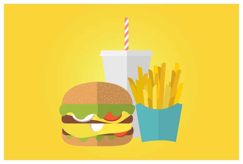 a hamburger, french fries and a drink on a yellow background, vector art, shutterstock, figuration libre, simple 2d flat design, cinematic masterpiece, hyper detail illustration