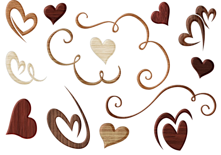 a bunch of hearts on a black background, inspired by Rodney Joseph Burn, deviantart, wooden art nouveau swirls, wood texture overlays, lowres, intarsia