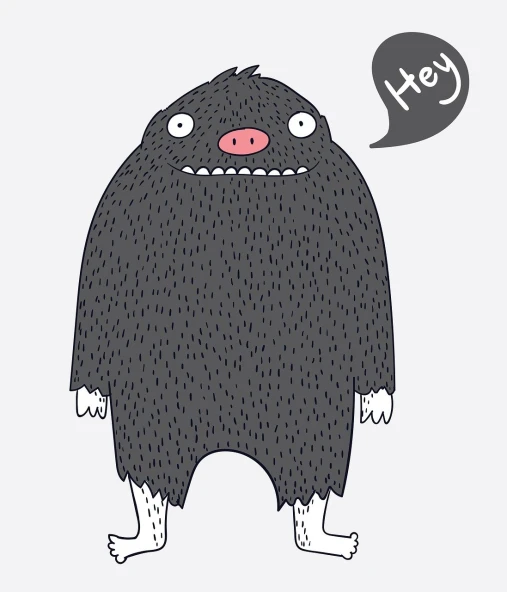 a cartoon monster with a speech bubble saying hey, by Paul Bird, shutterstock, mingei, style of john bauer, full body close-up shot, doodle hand drawn, sloth