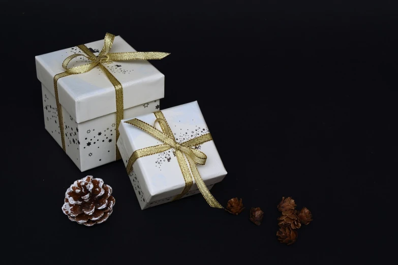 a couple of white boxes sitting on top of a table, by January Suchodolski, pixabay, art deco, scattered golden flakes, presents, with a black background, white ribbon
