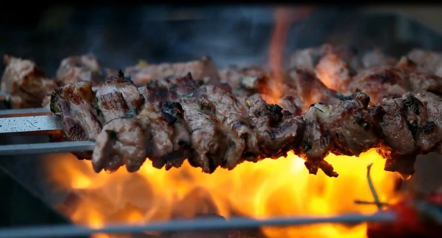 a close up of a bunch of meat on a skewer, by Niko Henrichon, pixabay, hurufiyya, flames in background, video footage, avatar image, background image