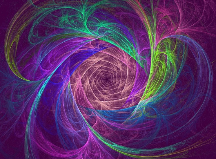 a computer generated image of a colorful swirl, digital art, intricate wiccan spectrum, purple and green colors, 3d fractal background, cosmic energy wires