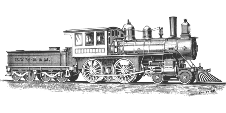 a black and white drawing of a train, a digital rendering, zbrush central, digital art, highly detailed # no filter, engraved highly detailed, colorized background, preserved historical