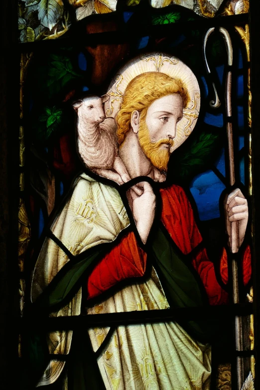 a stained glass window with a man holding a cat, a detailed painting, inspired by David Paton, pexels, arts and crafts movement, sheep, jesus on cross, hi-res photo, very detailed picture