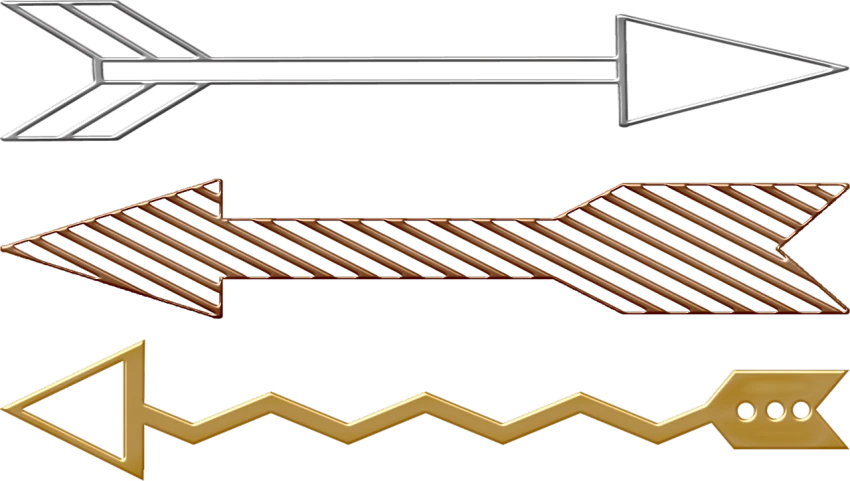 four different types of arrows on a black background, a digital rendering, inspired by János Saxon-Szász, gold belt, ( ( ( copper ) ) ) wire whiskers, virtuosic level detail, medal