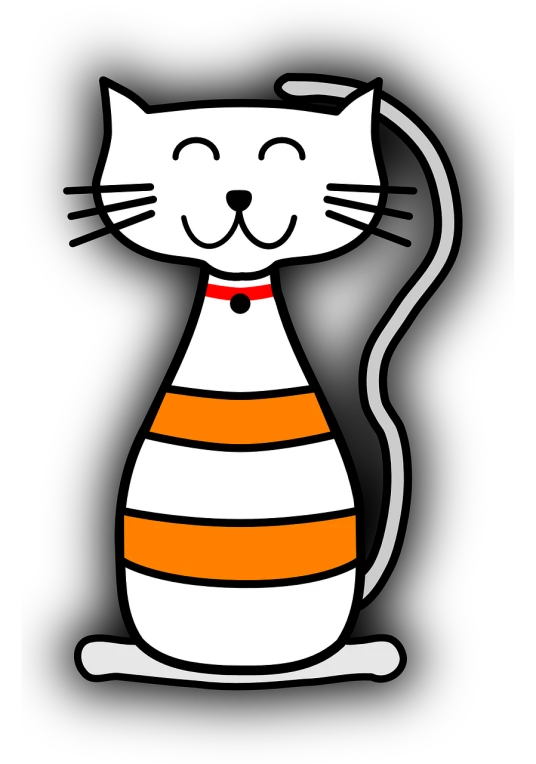 a white and orange cat with a red collar, a digital rendering, pixabay, sōsaku hanga, with a black background, rubber hose animation, happy, striped