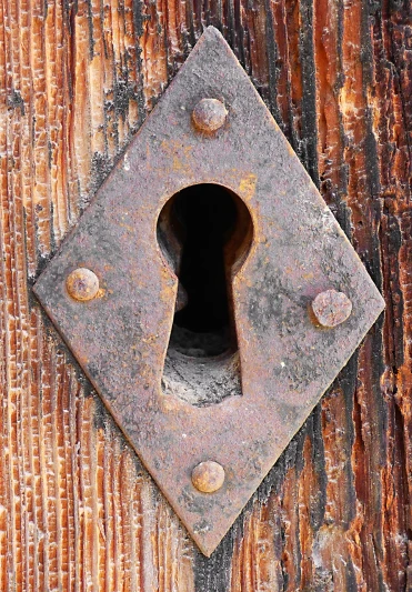 a close up of a metal keyhole on a wooden door, inspired by Jan Kupecký, bruce kaiser, worn, rich geometry, well worn
