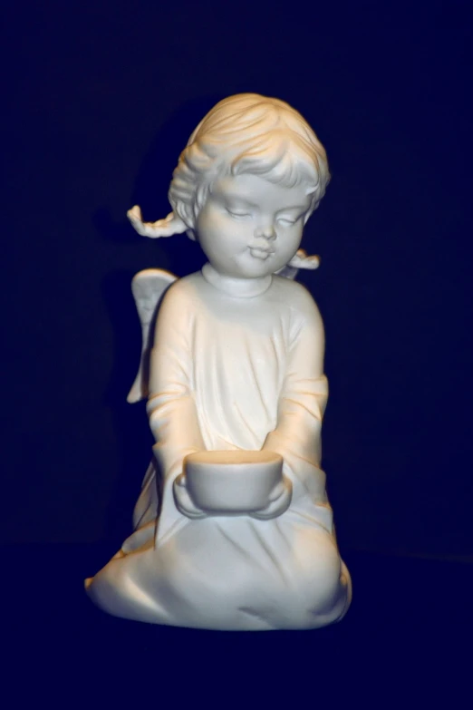 a statue of a child holding a bowl, by Randy Vargas, art deco, an angel of the dawn light, bright white porcelain, chiaroscuro soft lighting, dark angel of coffee