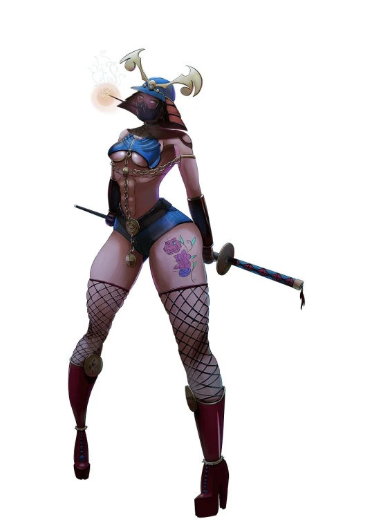 a woman that is standing up with a sword, by senior character artist, shin hanga, 3 d render of a full female body, widowmaker's former lover, oni horns, heroic muay thai stance pose