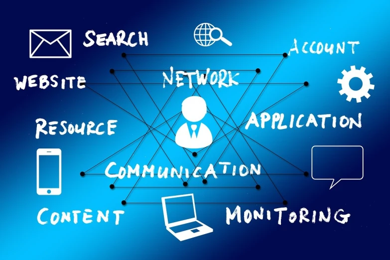 an image of a network diagram on a blue background, a diagram, by Tom Carapic, pixabay, words, in front of the internet, marketing photo, hunt