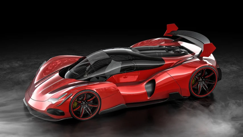 a red sports car sitting on top of a black floor, concept art, inspired by Bernardo Cavallino, hyperbeast design, f50, curved body, concept photos