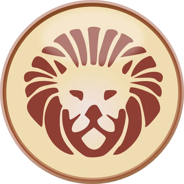 a lion head in a circle on a white background, inspired by Leo Leuppi, with blunt brown border, character icon, carved, station